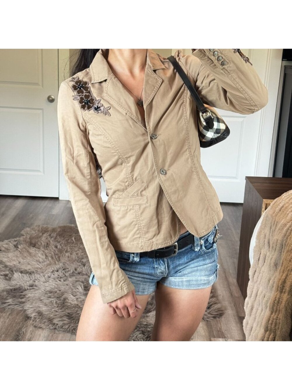 Y2K Buffalo Fitted Tan Embroidered Blazer Jacket Womens M 2000s Indie Grunge
